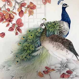 Chinese Peacock Peahen Painting,68cm x 68cm,2387099-x