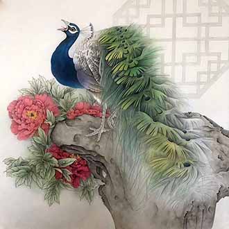 Chinese Peacock Peahen Painting,68cm x 68cm,2387102-x