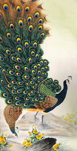 Chinese Peacock Peahen Painting 2387105, 68cm x 136cm(27〃 x 54〃)