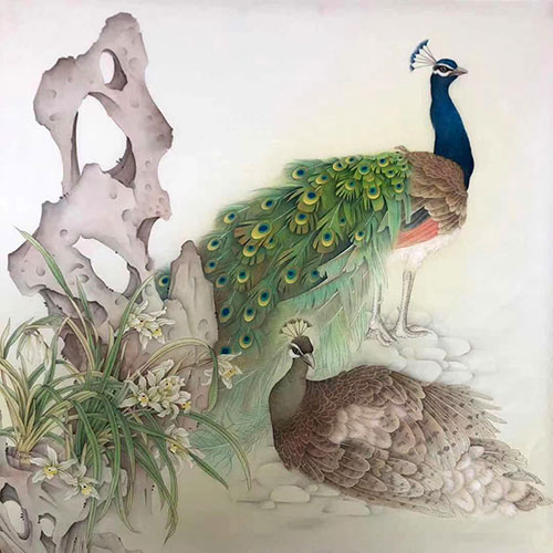 Chinese Peacock Peahen Painting 2387106, 68cm x 68cm(27〃 x 27〃)