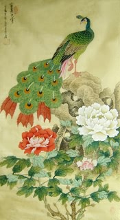 Chinese Peacock Peahen Painting,50cm x 90cm,2439002-x