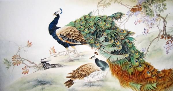 Chinese Peacock Peahen Painting 2578001, 95cm x 185cm(37〃 x 73〃)