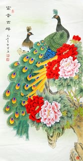 Chinese Peacock Peahen Painting,97cm x 180cm,2600008-x