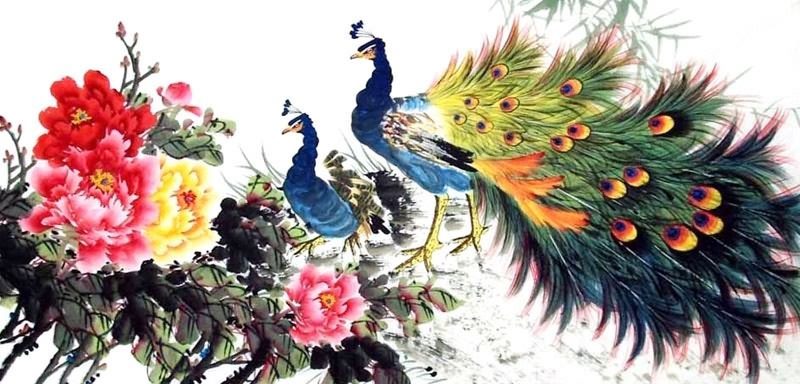 Chinese Peacock Peahen Painting 2614030, 69cm x 138cm(27〃 x 54〃)