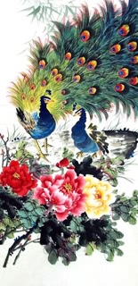 Chinese Peacock Peahen Painting,69cm x 138cm,2614031-x