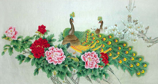 Chinese Peacock Peahen Painting 2617027, 68cm x 136cm(27〃 x 54〃)