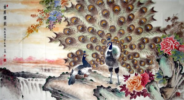 Chinese Peacock Peahen Painting Peafowl 2621006, 97cm x 180cm(38〃 x 70〃)