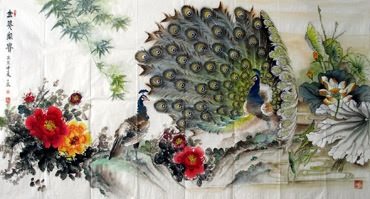 Chinese Peacock Peahen Painting,97cm x 180cm,2621005-x