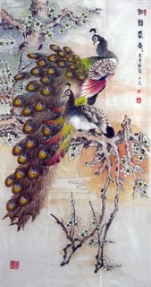 Chinese Peacock Peahen Painting,69cm x 138cm,2621009-x