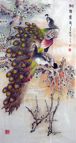 Chinese Peacock Peahen Painting 2621009, 69cm x 138cm(27〃 x 54〃)