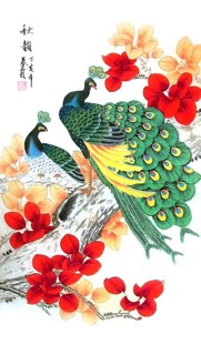 Chinese Peacock Peahen Painting,55cm x 100cm,2703022-x