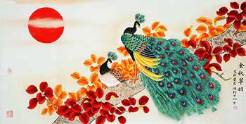 Chinese Peacock Peahen Painting,66cm x 130cm,cyd21123014-x
