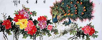 Chinese Peacock Peahen Painting,96cm x 236cm,cyd21123015-x