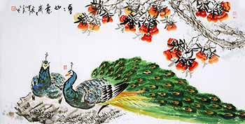 Chinese Peacock Peahen Painting,66cm x 136cm,cyd21123016-x