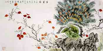 Chinese Peacock Peahen Painting,66cm x 130cm,cyd21123017-x