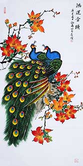 Chinese Peacock Peahen Painting,68cm x 136cm,cyd21123019-x
