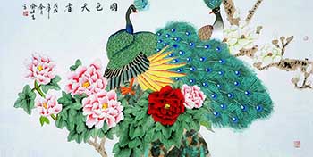 Chinese Peacock Peahen Painting,66cm x 130cm,cyd21123020-x