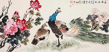 Chinese Peacock Peahen Painting,136cm x 68cm,hfg21144011-x