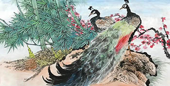 Chinese Peacock Peahen Painting,68cm x 136cm,ll21187001-x