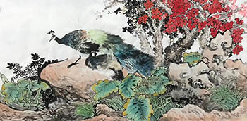 Chinese Peacock Peahen Painting,68cm x 136cm,ll21187002-x