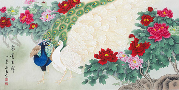 Chinese Peacock Peahen Painting lzg21186009, 136cm x 68cm(54〃 x 27〃)