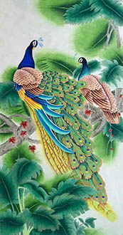 Chinese Peacock Peahen Painting,68cm x 136cm,lzx21188002-x