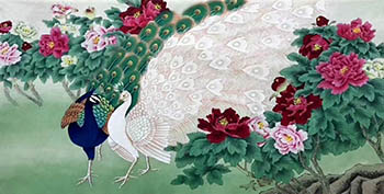 Chinese Peacock Peahen Painting,68cm x 136cm,lzx21188006-x
