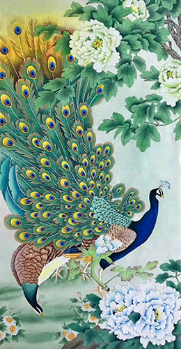 Chinese Peacock Peahen Painting lzx21188007, 68cm x 136cm(27〃 x 54〃)