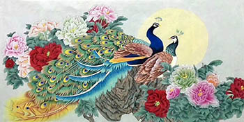 Chinese Peacock Peahen Painting,68cm x 136cm,lzx21188011-x