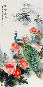Chinese Peacock Peahen Painting,68cm x 136cm,zl21185001-x