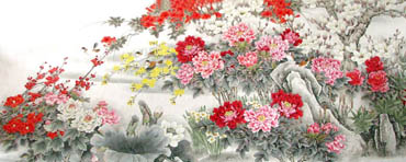 Chinese Peony Painting,120cm x 360cm,2600004-x