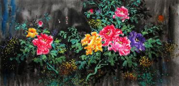 Chinese Peony Painting,66cm x 136cm,wjh21070010-x