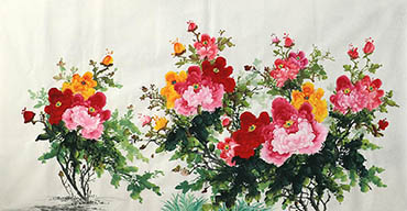 Chinese Peony Painting,97cm x 180cm,wz21103004-x