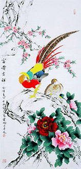 Chinese Pheasant Painting,68cm x 136cm,nx21170016-x