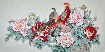 Chinese Pheasant Painting,67cm x 134cm,nx21170017-x