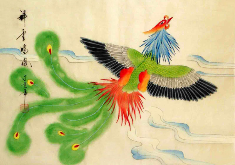 Какая китайская будет птица. Китайский Феникс Фэнхуан в китайской мифологии. Фэнхуан Феникс китайская живопись. Луань-Няо китайская мифология. Луань Няо и Феникс.
