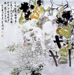 Chinese Pig Painting,90cm x 90cm,4695090-x