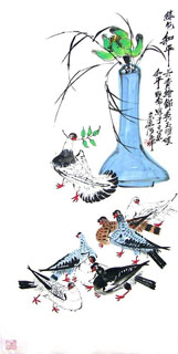 Chinese Pigeon Painting,66cm x 130cm,2371012-x