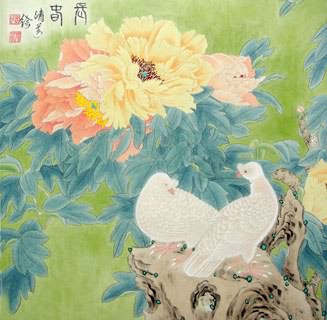 Chinese Pigeon Painting,66cm x 66cm,2409004-x