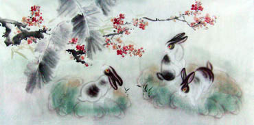 Chinese Rabbit Painting,34cm x 69cm,4351001-x