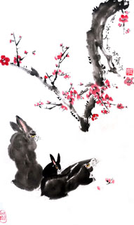 Chinese Rabbit Painting,55cm x 100cm,4474002-x