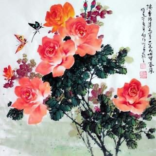 Chinese Rose Painting,69cm x 69cm,2418002-x