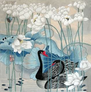 Chinese Swan Painting,69cm x 69cm,2720001-x