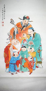 Chinese The Five Gods of Fortune Painting,68cm x 136cm,2747005-x