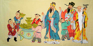 Chinese The Five Gods of Fortune Painting,68cm x 136cm,3449013-x