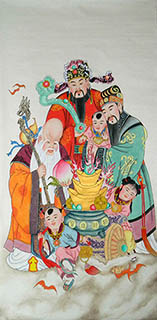 Chinese The Five Gods of Fortune Painting,69cm x 138cm,3449014-x