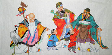Chinese The Five Gods of Fortune Painting,69cm x 138cm,3449016-x