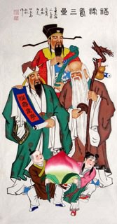 Chinese The Five Gods of Fortune Painting,66cm x 136cm,3519037-x