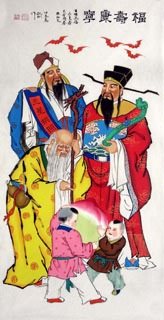 Chinese The Five Gods of Fortune Painting,66cm x 136cm,3519041-x