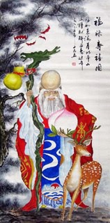Chinese The Five Gods of Fortune Painting,66cm x 136cm,3532015-x